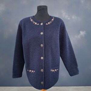 M.A.T. MAT vintage dark Blue Boiled wool cardigan embroidered Flower Sweater